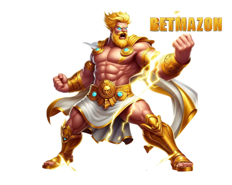 การ์ตูนเทพเจ้ากล้ามทองถือสายฟ้า โพสท่าต่อสู้ พร้อมโลโก้ HOT AMAZON